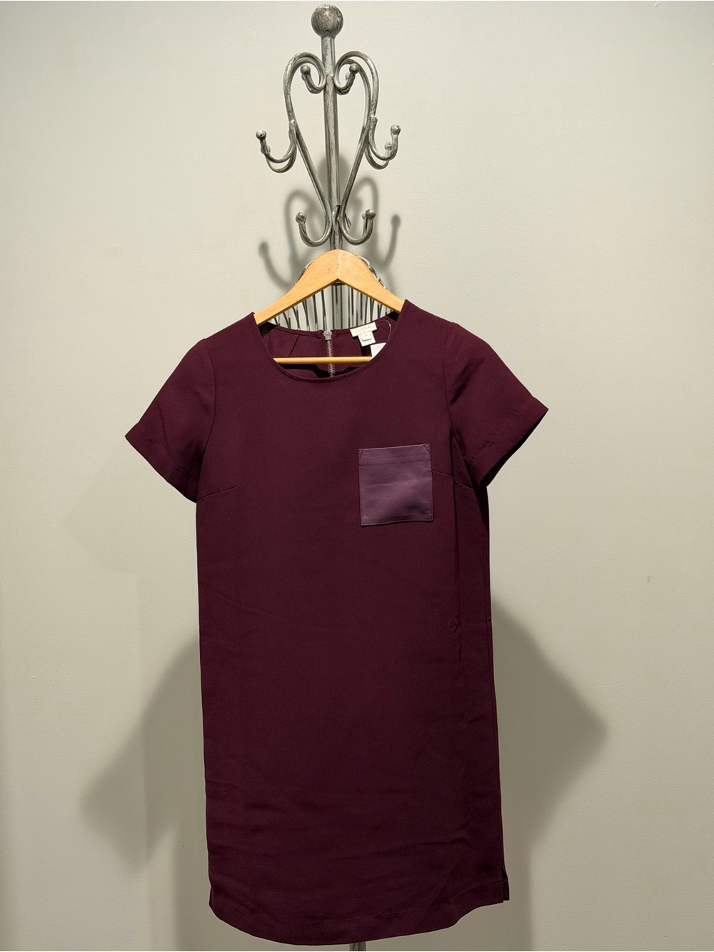 J. Crew Women's Short Sleeve Shift Dress in Plum with Faux Leather Pocket